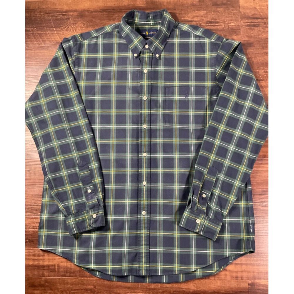 Ralph Lauren Plaid Shirt Mens Green Blue Button Down Logo, Size XL